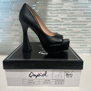 Qupid Black PU Women's Peep Toe Platform Heels
